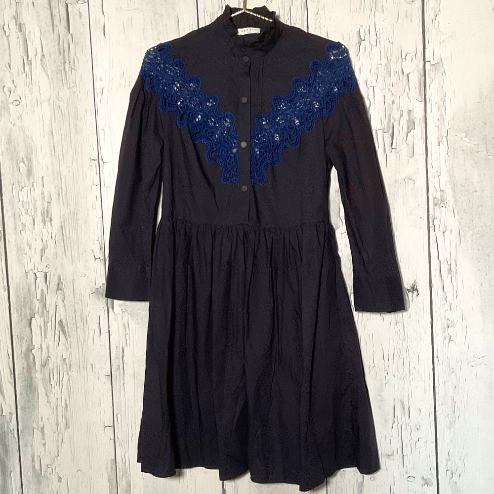 Sandro Paris Marine Navy Blue Dress Lace Detail EUC